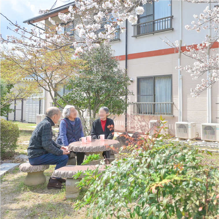 桜の咲く日本庭園で仲良く談笑する利用者の方々